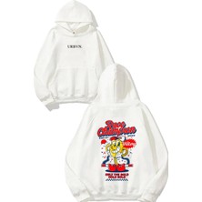 Urbvn Race Champion Tasarım Baskılı Oversize Beyaz Kapüşonlu Sweatshirt