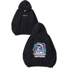 Urbvn Universe Cat Tasarım Baskılı Oversize Siyah Kapüşonlu Sweatshirt