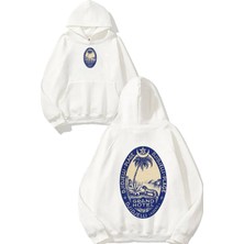 Urbvn Grand Hotel Tasarım Baskılı Oversize Beyaz Kapüşonlu Sweatshirt