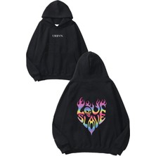 Urbvn Love Flame Tasarım Baskılı Oversize Siyah Kapüşonlu Sweatshirt