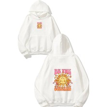 Urbvn Be The Sunshine Tasarım Baskılı Oversize Beyaz Kapüşonlu Sweatshirt