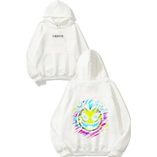Urbvn Killer Face Tasarım Baskılı Oversize Beyaz Kapüşonlu Sweatshirt