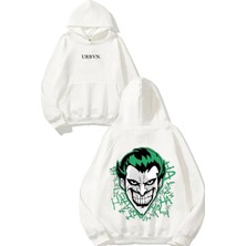 Urbvn Joker Hahaha Tasarım Baskılı Oversize Beyaz Kapüşonlu Sweatshirt