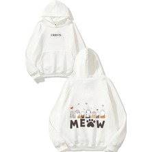 Urbvn Meow Tasarım Baskılı Oversize Beyaz Kapüşonlu Sweatshirt
