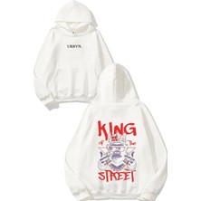 Urbvn King Street Tasarım Baskılı Oversize Beyaz Kapüşonlu Sweatshirt