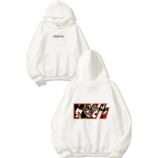 Urbvn Kiss Faces Tasarım Baskılı Oversize Beyaz Kapüşonlu Sweatshirt