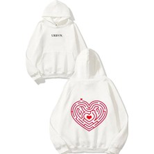 Urbvn Labirent Tasarım Baskılı Oversize Beyaz Kapüşonlu Sweatshirt