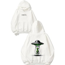 Urbvn Alien Green Tasarım Baskılı Oversize Beyaz Kapüşonlu Sweatshirt