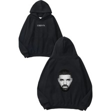 Urbvn Drake Yüz Tasarım Baskılı Oversize Siyah Kapüşonlu Sweatshirt
