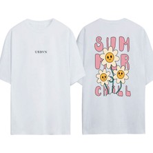 Urbvn Summer Chill Tasarım Baskılı Beyaz Oversize T-Shirt