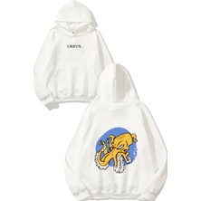 Urbvn Angry Octopus Tasarım Baskılı Oversize Beyaz Kapüşonlu Sweatshirt