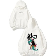 Urbvn Timsah Tasarım Baskılı Oversize Beyaz Kapüşonlu Sweatshirt