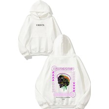 Urbvn Obsessed Purple Tasarım Baskılı Oversize Beyaz Kapüşonlu Sweatshirt