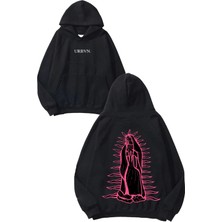 Urbvn Pink Mary Tasarım Baskılı Oversize Siyah Kapüşonlu Sweatshirt