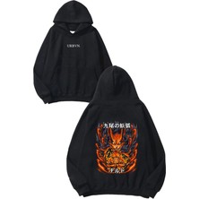 Urbvn Tiger Fire Tasarım Baskılı Oversize Siyah Kapüşonlu Sweatshirt