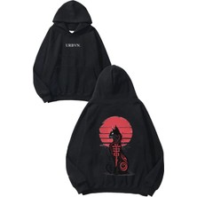 Urbvn Black Cat Tasarım Baskılı Oversize Siyah Kapüşonlu Sweatshirt