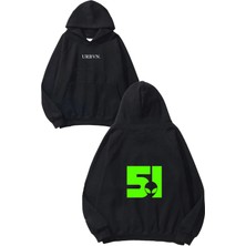 Urbvn 51 Tasarım Baskılı Oversize Siyah Kapüşonlu Sweatshirt