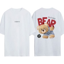 Urbvn Please Bear Tasarım Baskılı Beyaz Oversize T-Shirt