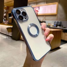 Skygo 14 Pro Max ile Uyumlu Laser Şeffaf Parlak Arka Yüzey ve Logo Detaylı Kenarları Silikon Yapıya Sahip Lens Koruyuculu Kılıf (Mavi)