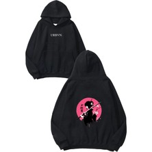 Urbvn Pink Samurai Tasarım Baskılı Oversize Siyah Kapüşonlu Sweatshirt