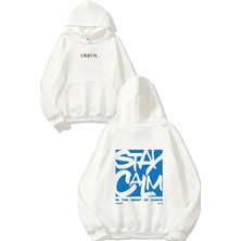 Urbvn Stay Calm Tasarım Baskılı Oversize Beyaz Kapüşonlu Sweatshirt