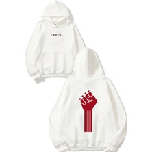 Urbvn Yumruk Tasarım Baskılı Oversize Beyaz Kapüşonlu Sweatshirt