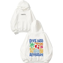 Urbvn Dive Into Tasarım Baskılı Oversize Beyaz Kapüşonlu Sweatshirt