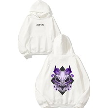 Urbvn Canavar Mor Tasarım Baskılı Oversize Beyaz Kapüşonlu Sweatshirt
