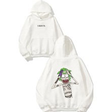 Urbvn Joker Rick Tasarım Baskılı Oversize Beyaz Kapüşonlu Sweatshirt