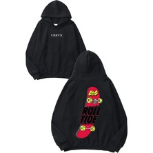 Urbvn Roll Tide Tasarım Baskılı Oversize Siyah Kapüşonlu Sweatshirt