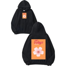 Urbvn Tokyo Flower Tasarım Baskılı Oversize Siyah Kapüşonlu Sweatshirt