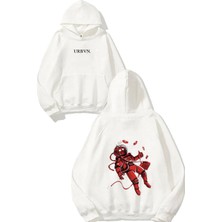 Urbvn Red Astro Tasarım Baskılı Oversize Beyaz Kapüşonlu Sweatshirt