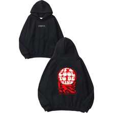 Urbvn Its Cool Tasarım Baskılı Oversize Siyah Kapüşonlu Sweatshirt