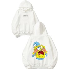 Urbvn Sleepy Spongebob Tasarım Baskılı Oversize Beyaz Kapüşonlu Sweatshirt