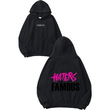 Urbvn Haters Famous Tasarım Baskılı Oversize Siyah Kapüşonlu Sweatshirt