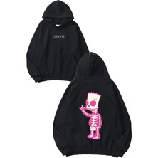 Urbvn Pink Skull Simpson Tasarım Baskılı Oversize Siyah Kapüşonlu Sweatshirt