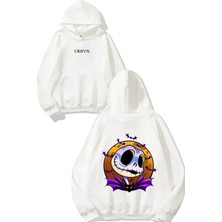 Urbvn Tim Burton Tasarım Baskılı Oversize Beyaz Kapüşonlu Sweatshirt