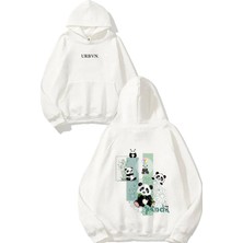 Urbvn Pandas Tasarım Baskılı Oversize Beyaz Kapüşonlu Sweatshirt