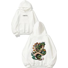 Urbvn Green Dragon Tasarım Baskılı Oversize Beyaz Kapüşonlu Sweatshirt