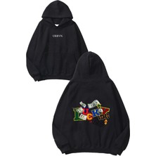 Urbvn Lucky Vibes Tasarım Baskılı Oversize Siyah Kapüşonlu Sweatshirt