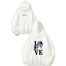 Urbvn Love Heykel Tasarım Baskılı Oversize Beyaz Kapüşonlu Sweatshirt