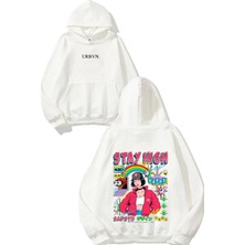 Urbvn Stay High Happy Tasarım Baskılı Oversize Beyaz Kapüşonlu Sweatshirt