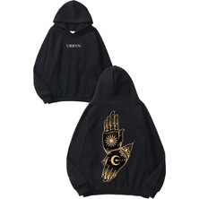 Urbvn Hindu Hand Tasarım Baskılı Oversize Siyah Kapüşonlu Sweatshirt