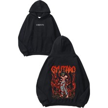 Urbvn Anime Red Warrior Tasarım Baskılı Oversize Siyah Kapüşonlu Sweatshirt