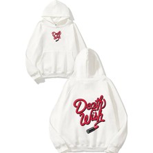 Urbvn Death Wish Tasarım Baskılı Oversize Beyaz Kapüşonlu Sweatshirt