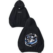 Urbvn Star Wars Space Tasarım Baskılı Oversize Siyah Kapüşonlu Sweatshirt