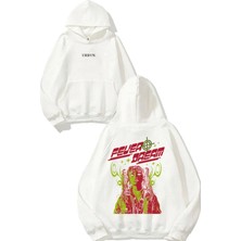 Urbvn Fever Dream Tasarım Baskılı Oversize Beyaz Kapüşonlu Sweatshirt