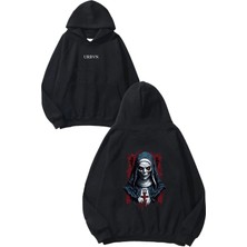 Urbvn Virgin Tasarım Baskılı Oversize Siyah Kapüşonlu Sweatshirt
