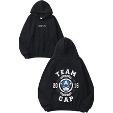 Urbvn Team Cap Tasarım Baskılı Oversize Siyah Kapüşonlu Sweatshirt