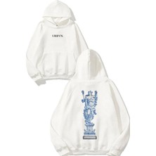 Urbvn Heykel Mavi Tasarım Baskılı Oversize Beyaz Kapüşonlu Sweatshirt